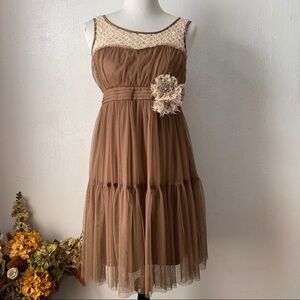 Anthropologie Ryu Brown Sheer Flower Detail Sleeveless Dress S